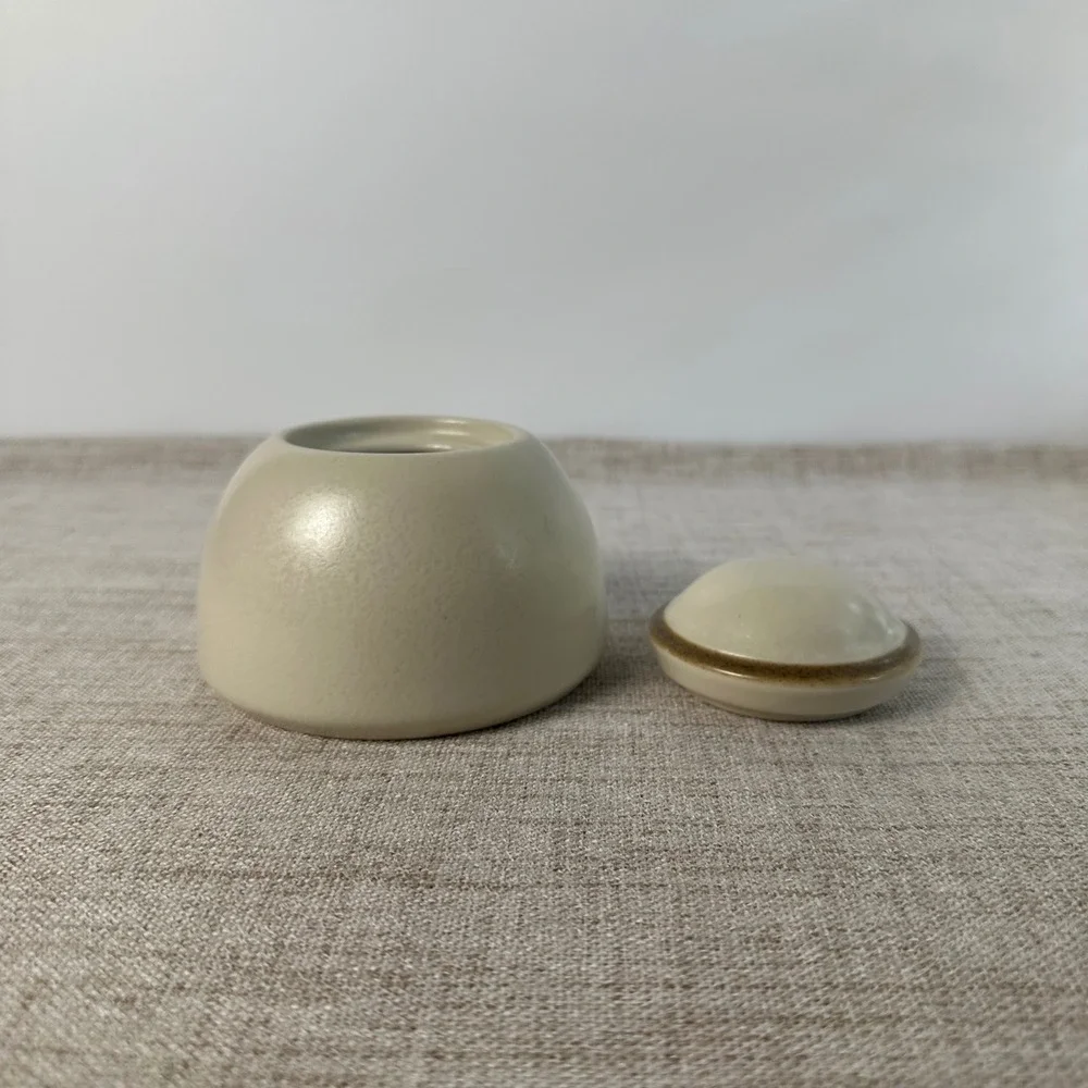 Dansk Santiago White Lidded Sugar Bowl | Cream Beige Ceramic Tan Trim